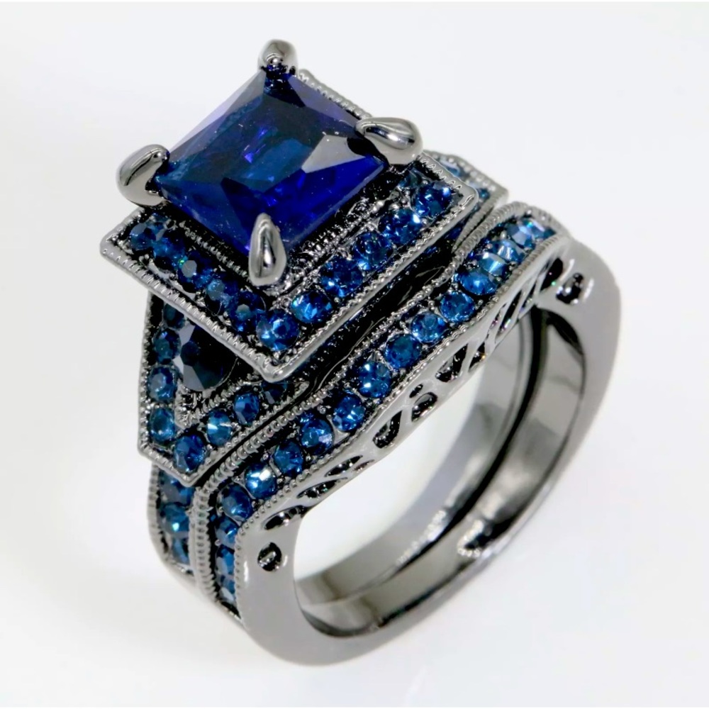 💍 2pc Princess Cut Square Blue CZ Halo Black
Engagement Ring Set Wedding 💍
